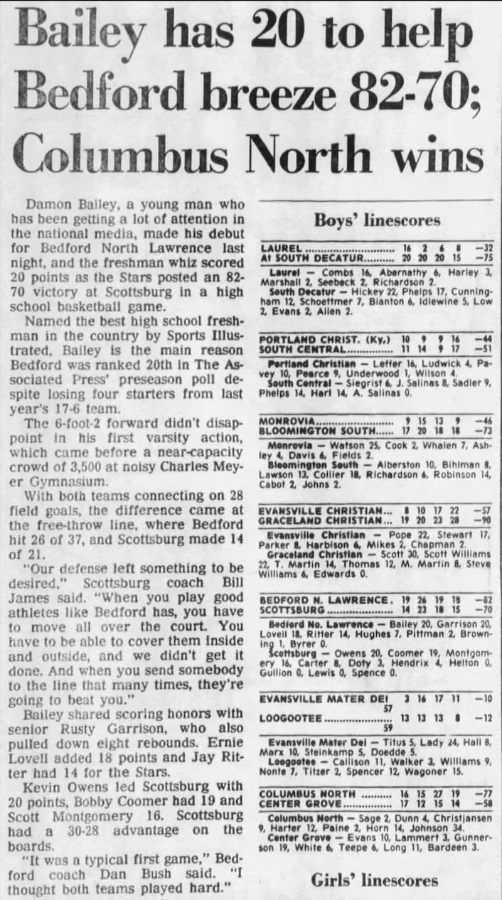Newspaper clipping: “Bailey has 20 to help Bedford breeze 82-70”, with the box score
