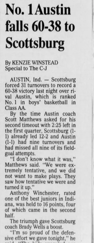 Newspaper clipping: “No. 1 Austin falls 60-38 to Scottsburg,” by Kenzie Winstead, Special to The C-J, datelined Austin