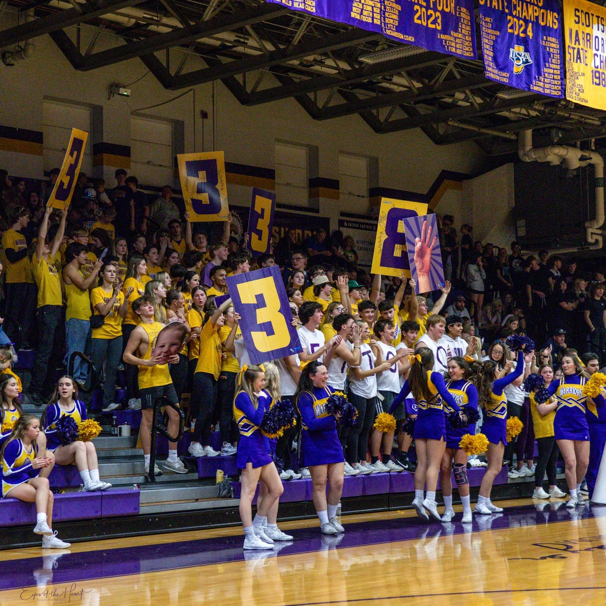 The student section in gold on its feet holding up big purple and gold “3” cards, the cheerleaders dancing on the floor in front, championship banners overhead