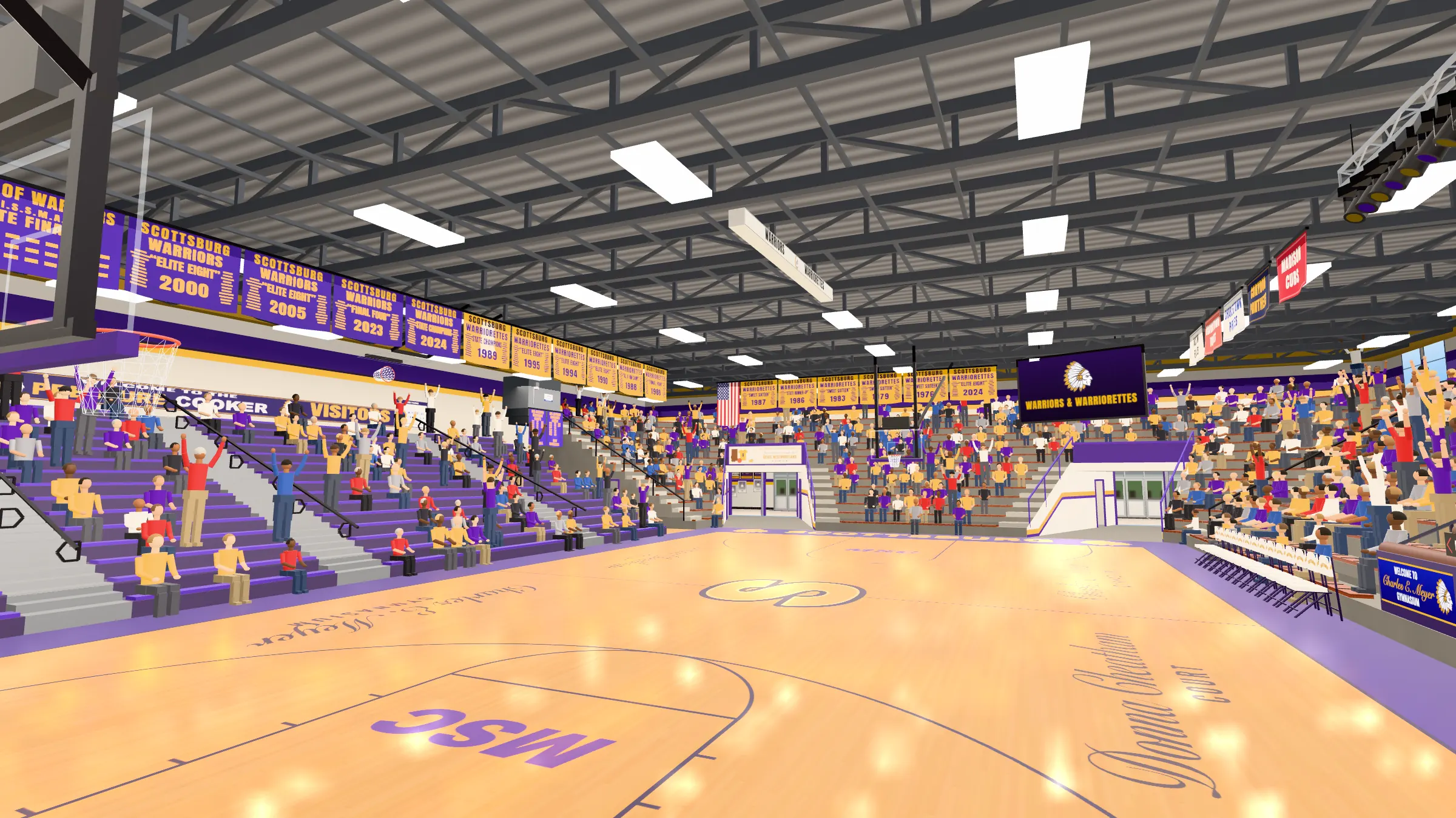 Inside the Meyer Gym: the court, packed stands and championship banners in purple and gold
